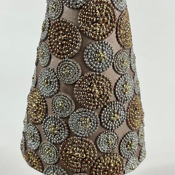 Contemporary Beaded Gold Silver Tabletop Christmas Tree Handmade Holiday Decor - Picture 9 of 11